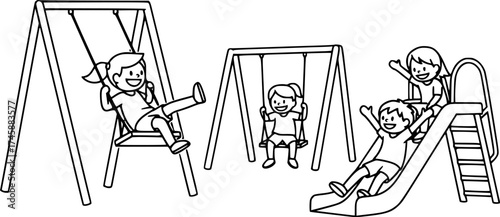 Playful children on playground equipment outline illustration. Black thin line art of kids swinging and sliding.