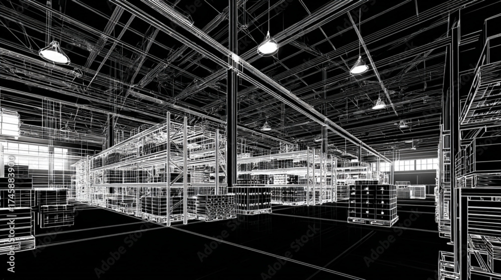 Fototapeta premium Digital wireframe visualization of a modern logistics warehouse interior.
