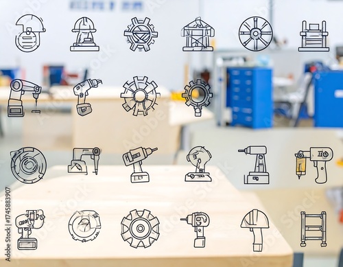 Line drawing icons superimposed on an out-of-focus workshop