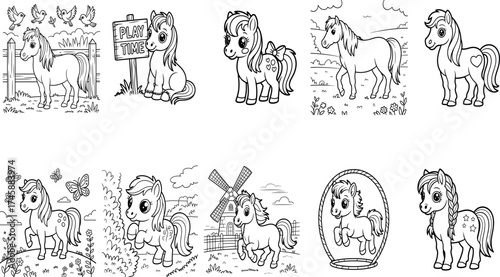 Playful Ponies Baby Horse Coloring Vector Worksheets