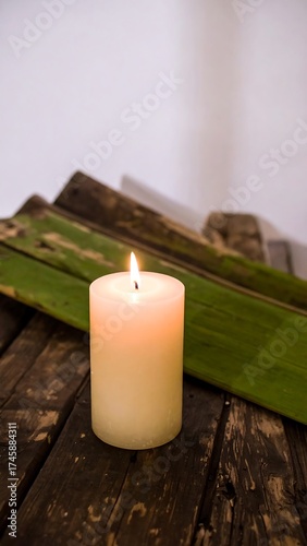 Lit Candle Beside Green Leaf and Rustic Wooden Surface