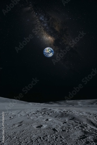 Earth seen from the moon, with a visible milky way galaxy in the night sky. Concept of space travel, exploration, and astronomy poster.