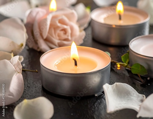 Lit candles with rose petals and fresh foliage