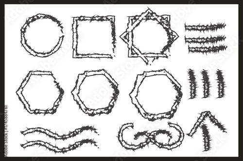 Collection of Rough Textured Geometric Shapes and Lines in Black and White abstract background