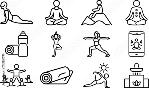 Yoga poses icons arranged in grid layout showcasing health and wellness. This art could be use in wellness-related projects and depict the practice of yoga