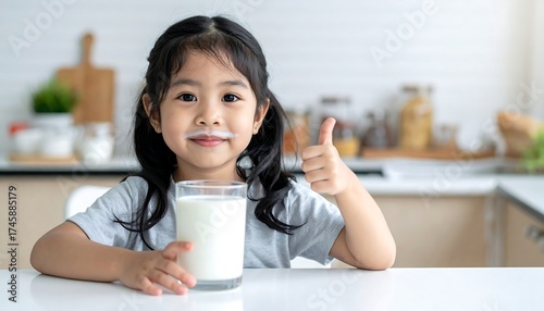 Little girl enjoys milk and gives a thumbs-up