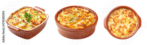 Delicious Gratin Dauphinois Potato Dish with Creamy Cheese and Fresh Parsley, isolated PNG set Transparent background
