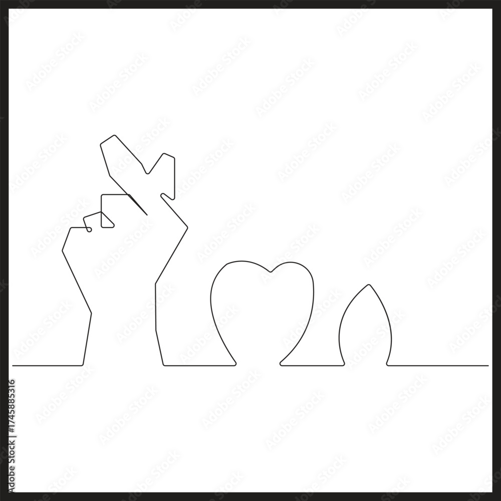 Obraz premium Single Line Drawing of Hand Gesture, Heart, and Abstract Shape on White black border