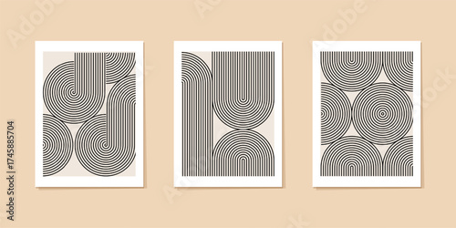 Concentric art deco print, line pattern japanese garden. Circle arch abstract endless line. Undulate music cover, curved shape oval, geometric orient modern decor poster. Retro grid, zen wave rainbow