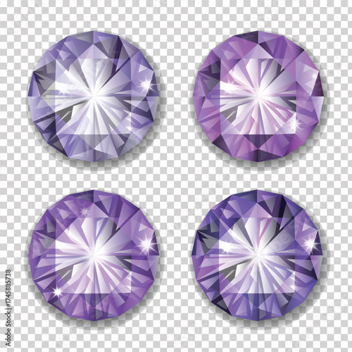 Set of realistic purple gemstones, Amethyst, Spinel, Fluorite, isolated on transparent background, Vector EPS Illustration