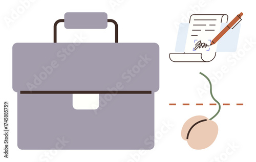 Briefcase, signed document with pen, sprouting seed highlight business, legal deals, entrepreneurship, growth, investment, career opportunities productivity. Ideal for startups strategy