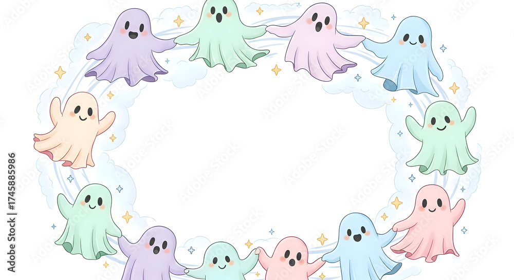 Obraz premium Cute pastel ghosts holding hands in a circle, creating a whimsical frame for halloween invitations isolated on white background