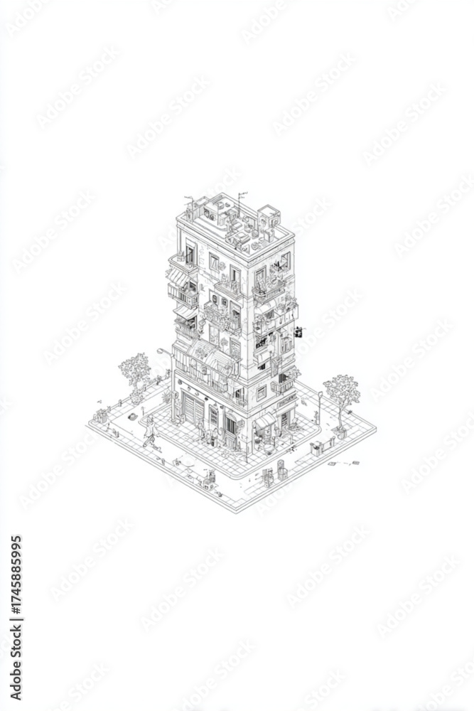 Fototapeta premium Detailed architectural line drawing of an urban residential building.