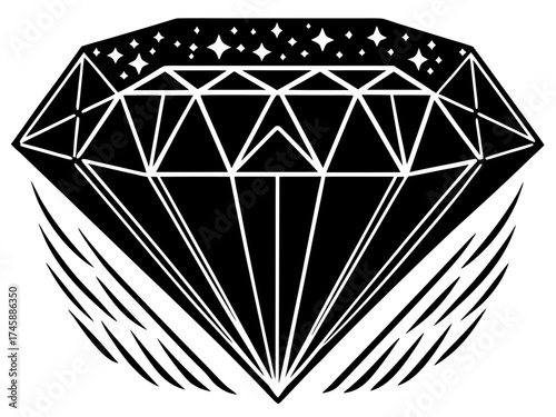 Elegant diamond illustration with intricate design and celestial patterns in black and white. Sparkling diamond graphic features sharp facets and stylized wings.