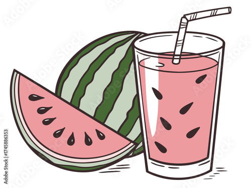 Refreshing watermelon juice in glass with pink liquid and straw next to whole watermelon and cut slice. Watermelon juice is perfect for summer days