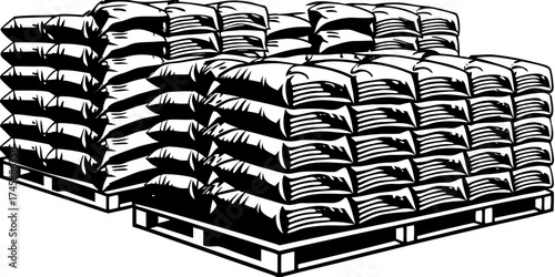 Stacked grain sacks on wooden pallets in warehouse storage. Grain sacks display uniform shapes and sizes, creating an organized storage solution for agricultural products.