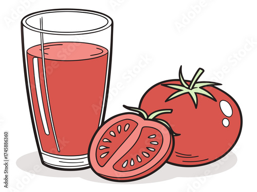 Fresh tomato juice with vibrant red tomatoes sliced and whole beside it. Tomato juice shines in glass, highlighting natural ingredients with fresh tomatoes adding taste and nutrition.