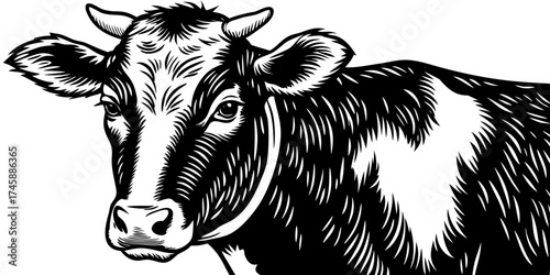 Close-up of dairy cow with distinct markings and expressive eyes showcasing features and textures in monochrome. Dairy cow image represents rural farming and animal husbandry concepts.
