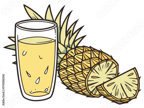 Refreshing glass of pineapple juice with fresh fruit and slices on white background. Pineapple juice served with ripe pineapple and cut pieces nearby creates vibrant tropical atmosphere.
