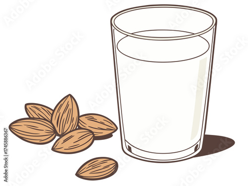 Glass of almond milk with almonds on transparent background, showcasing healthy beverage and nutritious ingredients. Almond milk complements diets and wellness, ideal for health-conscious consumers.