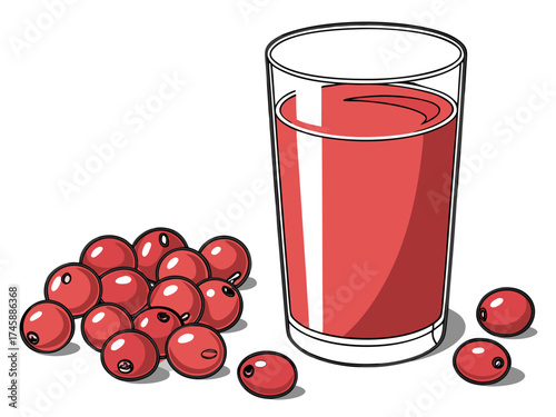 Refreshing cranberry juice in glass with fresh cranberries surrounding it. Cranberry juice served in clear glass with vibrant color, highlighting natural ingredients and richness.
