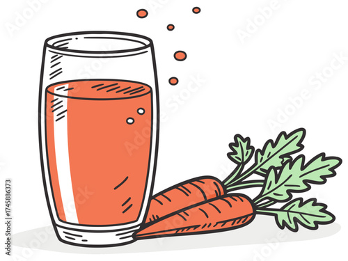 Refreshing glass of carrot juice with fresh carrots beside it. This healthy carrot juice offers vibrant nutrition, perfect for wellness enthusiasts.