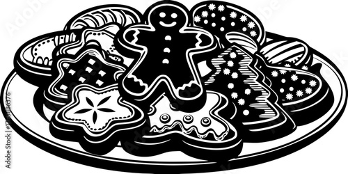 Gingerbread cookies on festive plate with various shapes and designs including stars, trees, and gingerbread men.