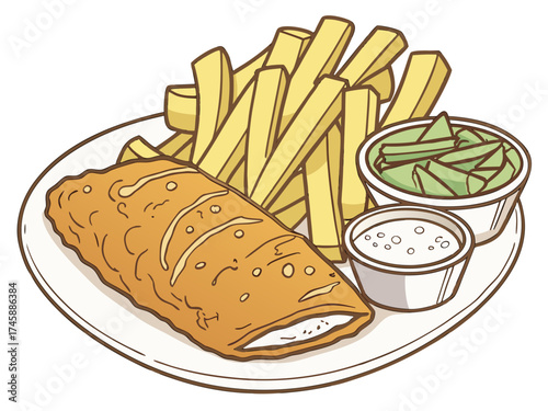 Delicious fish and chips portion with crispy fries, fried fish fillet, and side dishes. Fish and chips served with tartar sauce, green beans, and mouthwatering flavors.