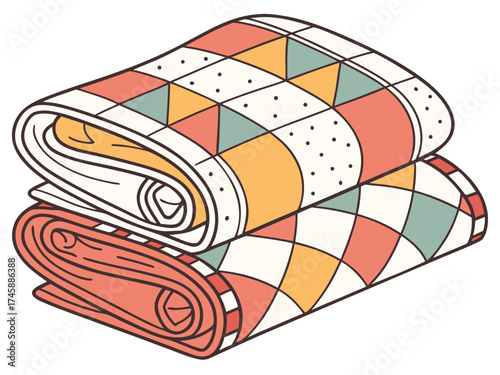Colorful folded fabric for quilting with geometric patterns and soft textures on white background. Quilting fabric features bright colors and diverse prints perfect for various sewing projects.