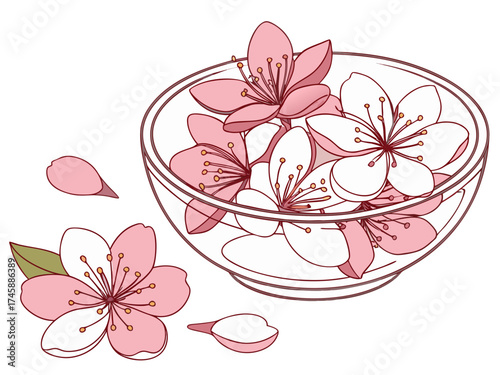 Delicate flower petals in glass bowl, showcasing intricate pink and white blossoms. Floral arrangement highlights the beauty of petals, creating a serene and tranquil atmosphere.