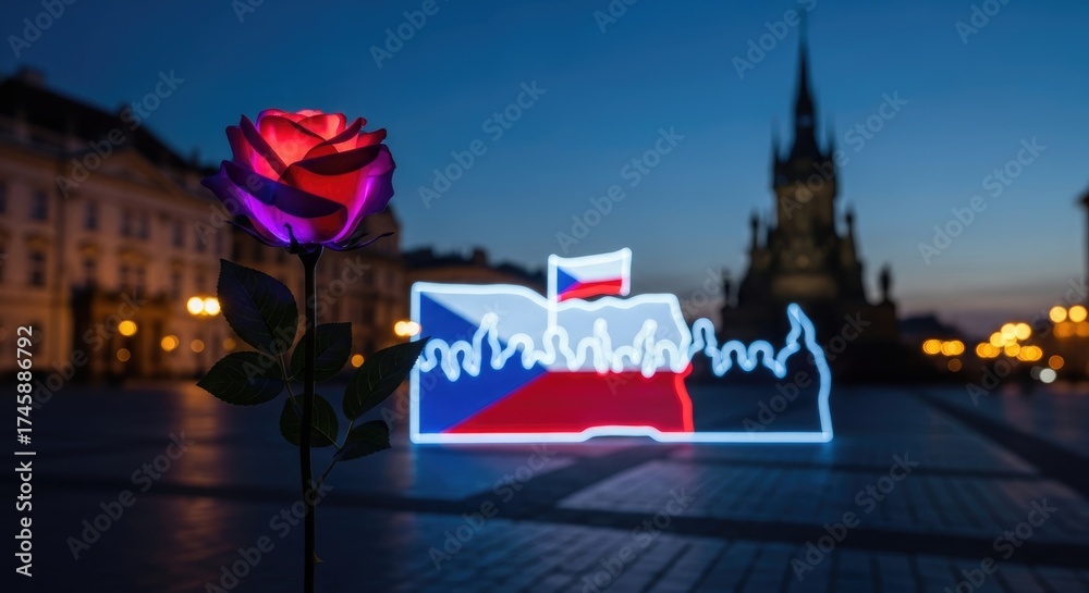 Fototapeta premium Glowing rose on city square at twilight, symbol of freedom and democracy, Czech Republic national flag colors.
