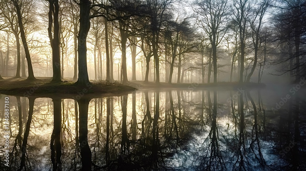 Obraz premium Morning mist over tranquil lake reflecting bare trees