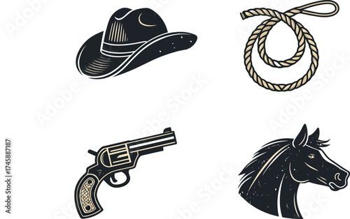 Cowboy themed elements featuring a hat rope revolver and horse head in a vintage style design