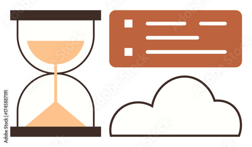 Hourglass symbolizing time, cloud for digital storage, and checklist for organization and tasks. Ideal for time management, productivity, technology, planning, efficiency, cloud computing simple