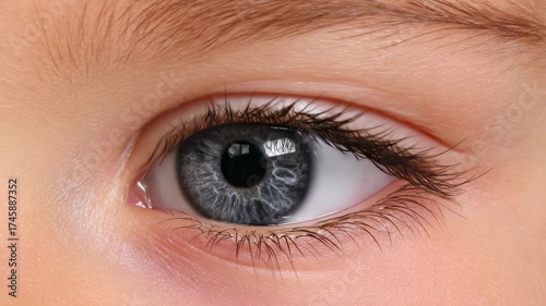 Close-up of a human eye with blue iris and eyelashes.