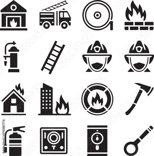 fire safety icons pack 16 vector symbols ai eps jpeg png | firetruck hydrant extinguisher helmet ladder