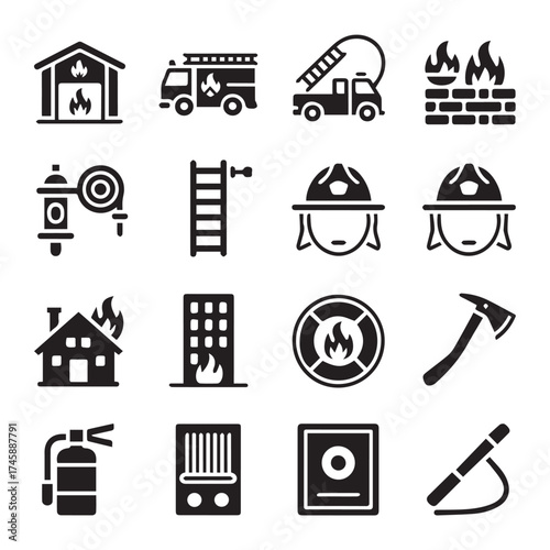 fire emergency icons vector set ai eps jpeg | firefighting equipment alarm sprinkler hose nozzle