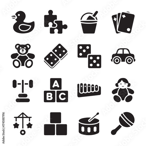 child toy icons pack silhouette rubber duck teddy bear puzzle blocks dice car xylophone maraca vector
