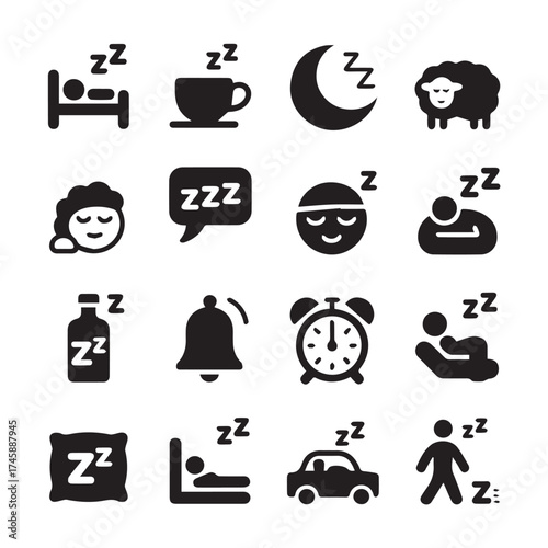 sleep vector icons collection with zzz bed moon pillow alarm clock sheep nap rest tired face flat illustration