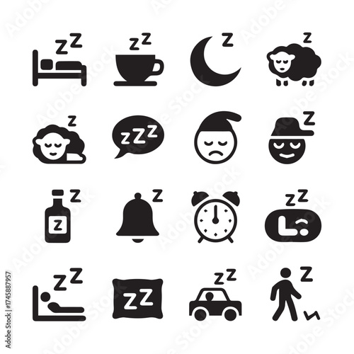 zzz sleep icons bundle bed moon pillow alarm clock sheep nap rest tired face vector illustration isolated design