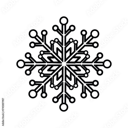 Detailed snowflake illustration, intricate ice crystal, winter motif, geometric symmetry, black and white outline
