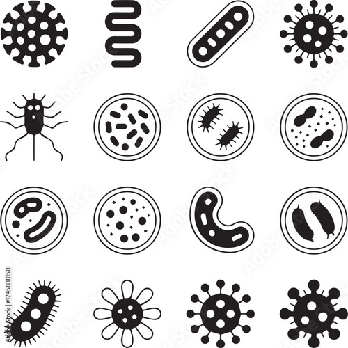 virus and bacteria icons set in black and white style representing microorganisms germs pathogens for science and health