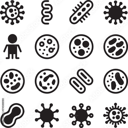 pathogen and microorganism icons pack in minimal black and white style for science health infection and laboratory use