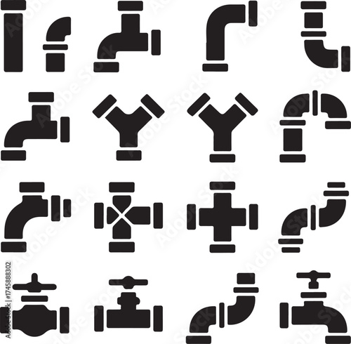 plumbing pipe fittings and faucet silhouette icons set collection of joints elbows tees crosses taps vector illustration