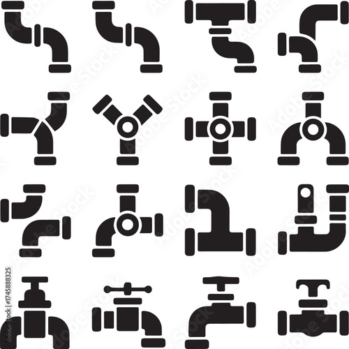 black plumbing pipe connectors and faucet icons set vector silhouette collection of elbows tees crosses joints tap designs