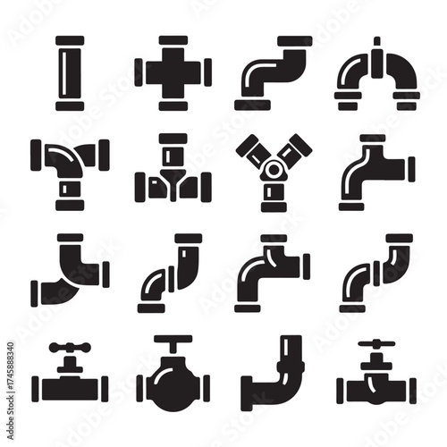 pipe fittings and faucet silhouette icons plumbing connectors elbows tees crosses taps vector design isolated collection