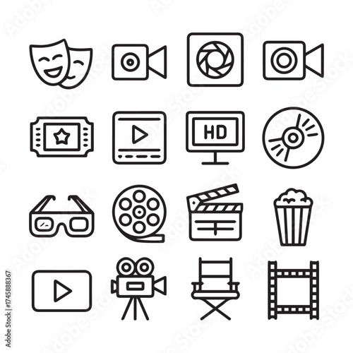 cinema movie vector icons pack line style film reel clapperboard popcorn tickets director chair masks for media design