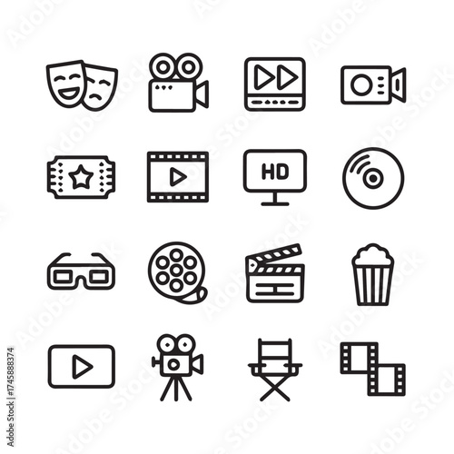 movie cinema icons set vector line art collection of film reel clapperboard popcorn tickets camera masks for entertainment