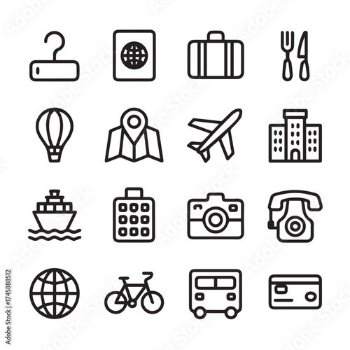 travel and tourism icon pack 16 simple outline vector symbols passport suitcase airplane hotel camera map and transport