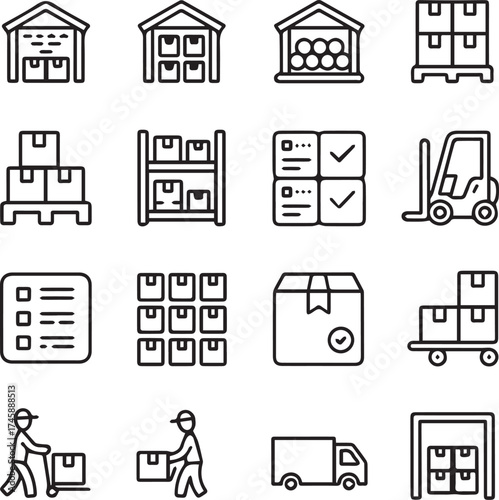 warehouse and logistics icon set for inventory management pallet forklift boxes delivery truck simple line vector